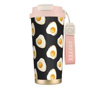 LfearTesa Taza de viaje ecológica de acero inoxidable 316 para oficina, pared, coche, café, con cordón, con diseño de huevos fritos y comida oscura.,Rosa