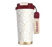 LfearTesa Taza de viaje ecológica de acero inoxidable 316 para oficina, pared, coche, café, con cordón, diseño geométrico dorado con brillo blanco.,Rojo