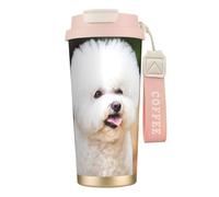 LfearTesa Taza de viaje ecológica de acero inoxidable 316 para oficina, pared, coche, café, con cordón, diseño de perro Bichón Frisé (1),Rosa