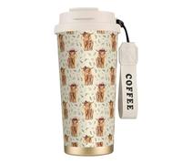 LfearTesa Taza de viaje ecológica de acero inoxidable 316 para oficina, pared, coche, café, con cordón, diseño de vaca con flores de las Tierras Altas en color canela.,Blanco