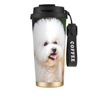 LfearTesa Taza de viaje ecológica de acero inoxidable 316 para oficina, pared, coche, café, con cordón, diseño de perro Bichón Frisé (1),Negro