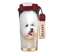 LfearTesa Taza de viaje ecológica de acero inoxidable 316 para oficina, pared, coche, café, con cordón, diseño de perro Bichón Frisé (1),Rojo