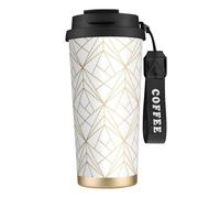 LfearTesa Taza de viaje ecológica de acero inoxidable 316 para oficina, pared, coche, café, con cordón, diseño geométrico dorado con brillo blanco.,Negro