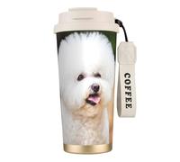 LfearTesa Taza de viaje ecológica de acero inoxidable 316 para oficina, pared, coche, café, con cordón, diseño de perro Bichón Frisé (1),Blanco