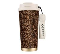 LfearTesa Taza de viaje ecológica de acero inoxidable 316 para oficina, pared, coche, café, con cordón, estampado de leopardo marrón,Blanco