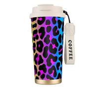 LfearTesa Taza de viaje ecológica de acero inoxidable 316 para oficina, pared, coche, café, con cordón, estampado de leopardo neón,Blanco