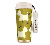 LfearTesa Taza de viaje ecológica de acero inoxidable 316 para oficina, pared, coche, café, con cordón, silueta de perro, animal de las Tierras Altas del Oeste.,Blanco