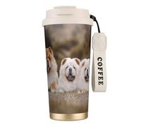 LfearTesa Taza ecológica de acero inoxidable 316 para oficina, viaje, pared, coche, café, con cordón, familia Chow-Chow, cachorros peludos.,Blanco