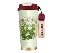 LfearTesa Taza ecológica de acero inoxidable 316 para oficina, viajes, pared, coche, café, con cordón, Edelweiss, flores de montaña suizas,Rojo