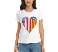 LFKVYZLC Camiseta de media bandera de Cataluña para mujer, diseño gráfico de corazón de amor, camisas de moda, blanco, XS