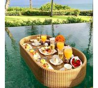 LFONDIGE Floating Tray Rattan Breakfast Floating Serving Tray Luxury Breakfast Villa Pool Tray For Party Food Catering,Wood