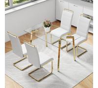 LFVFFA Juego de mesa de comedor de cristal para 4, mesa rectangular de vidrio transparente con patas doradas, conjunto de 4 sillas de cocina de 51 pulgadas y piel sintética