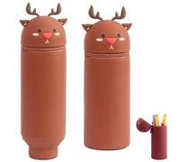 LGWJHCY Estuche Telescópico 2 en 1 de Silicona Suave, Portalápices de Escritorio Kawaii con Cierre de Cremallera, Bolsa de Almacenamiento para Niños y Adultos, Marrón, Animal