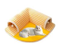 LGYGMD 2-in-1 Funny Plaid Checkered Cat Rabbit Hideout House,Removable Washable Play Tunnel with Cozy Bed for Rabbits & Non-Slip Bottom,Yellow,M