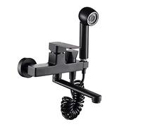 LGYGMD Black Wall Mount Kitchen Faucet with Spray Double Hole Hot and Cold Water Rotation Brass Sink Faucet-A-25Cm