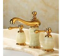 LGYGMD Gold Brass Jade Bathroom Sink Faucet 3 Hole Widespread Basin Mixer Double Handle Hot and Cold Water Tap