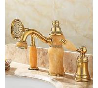 LGYGMD Gold Brass Jade Bathroom Sink Faucet 3 Hole Widespread Basin Mixer Double Handle Hot and Cold Water Tap