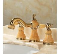 LGYGMD Gold Brass Jade Bathroom Sink Faucet 3 Hole Widespread Basin Mixer Double Handle Hot and Cold Water Tap