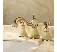 LGYGMD Gold Brass Jade Bathroom Sink Faucet Hole Widespread Basin Mixer Double Handle Hot and Cold Water Tap, ZJJY2584