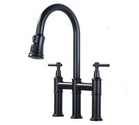 LGYGMD Pull-Down Faucets, Brass Swivel Sink Faucet with Function Pull out Sprayer, Dual Handle Hot and Cold Water Kitchen Mixer Tap, Three Hole,Black