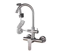 LGYGMD Wall Mounted taps Stainless Steel Hot and Cold °Rotating Multi-Function Faucet with Spray Double Hole Kitchen Mixer Tap Brushed-e