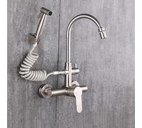 LGYGMD Wall Mounted taps Stainless Steel Hot and Cold °Rotating Multi-Function Faucet with Spray Double Hole Kitchen Mixer Tap Brushed-e