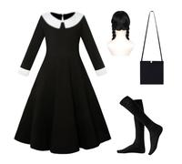 LGZIN Disfraz de Miércoles para Niñas, Halloween Vestido Miercoles Niña | con Peluca, Bolsa y Medias, Miércoles Trajes Cosplay para Halloween Carnaval Fiesta