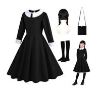 LGZIN Disfraz de Miércoles para Niñas, Vestido Miercoles Niña con Peluca Bolsa Medias, Disfraz Miércoles para Halloween Carnevale, Vestidos de Halloween Carnevale para Niñas
