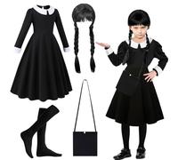LGZIN Disfraz de Miércoles para Niñas, Vestido Miercoles Niña con Peluca, Bolsa y Medias, Miércoles Trajes, Vestido Miercoles Cosplay para Halloween Carnaval Fiesta(140)