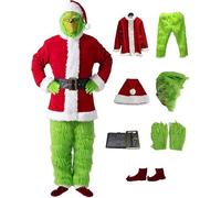 LHBM Conjunto De 7 Disfraces De Papá Noel, Incluye Máscara De Grinch, Traje De Monstruo Verde Para Adultos, Disfraz De Cosplay Para Fiesta De Navidad, Para Carnaval, Cosplay De Navidad M