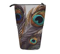 LHBWCVN Bolsa de cosméticos de plumas de pavo real, estuche telescópico portátil, bonito estuche para lápices de pie, para mujeres y hombres, monedero de viaje