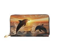 LHCVSFGW Cartera de cuero para mujeres y hombres, billetera plegable ultrafina, tarjetero de crédito, delfines saltando del agua al atardecer, bolso de mano para mujer, color negro, talla única, Black
