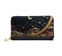 LHCVSFGW Cartera de cuero para mujeres y hombres, billetera plegable ultrafina, tarjetero de crédito, fondo dorado y luna creciente, bolso de mano para mujer, color negro, talla única, Black, Talla