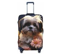 LHCVSFGW Funda para equipaje de viaje Shih Tzu perro y flores, protector de maleta, elástico, lavable, antiarañazos, protector de equipaje grueso para equipaje de 18 a 32 pulgadas, Black, XL
