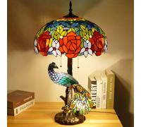 LHFJ Lámpara De Mesa De Vidrieras Tiffany De Pavo Real Acento Mesita Noche Escritorio Lectura Lámpara Piano Noche Interruptor Cadena Base Resina Niñas Sala Estar Dormitorio,Rose Red