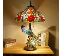 LHFJ Lámpara De Mesa De Vidrieras Tiffany De Pavo Real Acento Mesita Noche Escritorio Lectura Lámpara Piano Noche Interruptor Cadena Base Resina Niñas Sala Estar Dormitorio,Red Rose