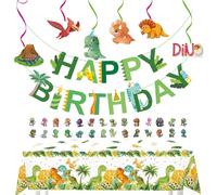 LHLZNB Juego de 33 piezas de decoración de fiesta de dinosaurio, pancarta de vela de feliz cumpleaños con remolinos de volcán, calcomanías de mantel para tema prehistórico