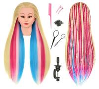 LHNHAIR Cabeza de maniquí de pelo colorido de 35 pulgadas, para cosmetología, maquillaje, muñeca manicana, cabeza de entrenamiento con soporte para practicar trenzado, peinados y peinados