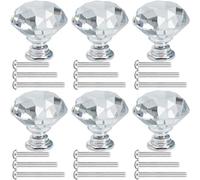 LHNNDM Juego de 6 pomos de cristal de 30 mm para puerta de armario, tiradores transparentes con tornillos (diamante transparente + base cromada) adecuados para armarios de cocina y armarios (plateado)