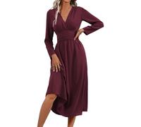 LIAMERHE Primavera Vestido Otoño Manga Larga Mujer Casual Vestidos Largos Cuello en V Elegante Plisado Vestido Línea A Vestido Largo para Fiesta Invierno Fucsia XL