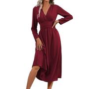 LIAMERHE Primavera Vestido Otoño Manga Larga Mujer Casual Vestidos Largos Cuello en V Elegante Plisado Vestido Línea A Vestido Largo para Fiesta Invierno Burdeos M