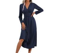 LIAMERHE Primavera Vestido Otoño Manga Larga Mujer Casual Vestidos Largos Cuello en V Elegante Plisado Vestido Línea A Vestido Largo para Fiesta Invierno Azul Marino XL