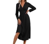 LIAMERHE Primavera Vestido Otoño Manga Larga Mujer Casual Vestidos Largos Cuello en V Elegante Plisado Vestido Línea A Vestido Largo para Fiesta Invierno Negro M