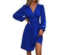 LIAMERHE Vestido Manga Larga Mujer Casual Vestidos Largos Cuello en V Elegante Vestido de Manga Farol Vestido línea A Otoño Invierno Azul XXL