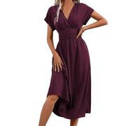 LIAMERHE Vestido Primavera/Verano Manga Corta/Larga Mujer Casual Vestidos Largos Cuello en V Elegante Plisado Vestido Línea A Vestido Largo para Fiesta en Playa