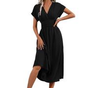 LIAMERHE Vestido Primavera/Verano Manga Corta/Larga Mujer Casual Vestidos Largos Cuello en V Elegante Plisado Vestido Línea A Vestido Largo para Fiesta en Playa