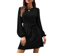 LIAMERHE Vestido Punto Manga Larga Mujer Casual Midi Vestidos Cuello Redondo Elegante Vestido Línea A Rayas Verticales para Otoño Invierno con Cinturón Negro M