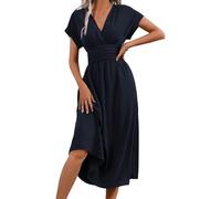 LIAMERHE Vestido Verano Manga Corta Mujer Casual Vestidos Largos Cuello en V Elegante Plisado Vestido Línea A Vestido Largo para Fiesta en Playa Azul Marino M