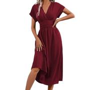LIAMERHE Vestido Verano Manga Corta Mujer Casual Vestidos Largos Cuello en V Elegante Plisado Vestido Línea A Vestido Largo para Fiesta en Playa Burdeos L