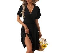 LIAMERHE Vestido Verano Mujer Corto Cuello en V - Vestido Cruzado Estampado Floral Manga Corte/Sin Mangas A-Line Elegante para Boda Invitada Fiesta Playa Vacaciones Casual Boho Chic Negro M